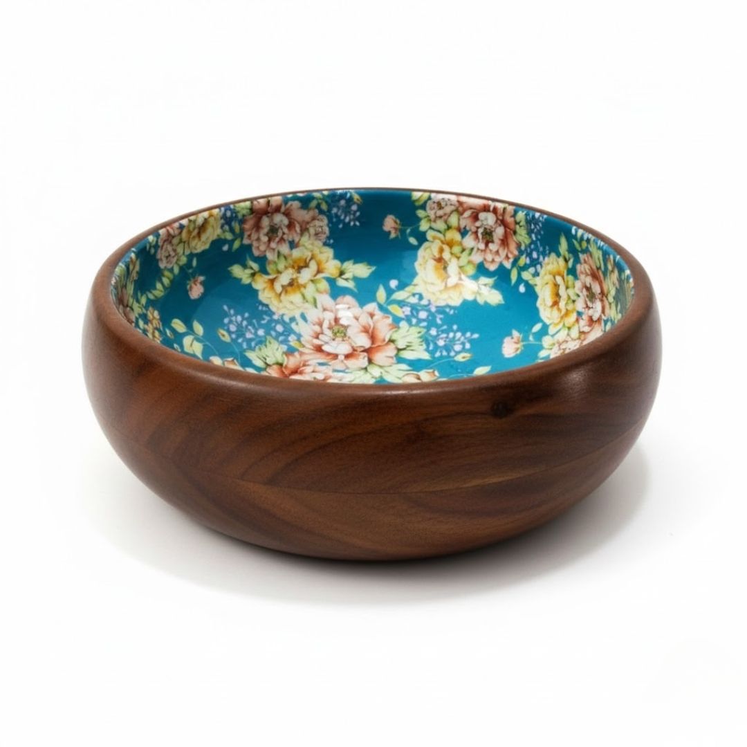 Enamel Floral Wooden Bowl for Sustainable Dining